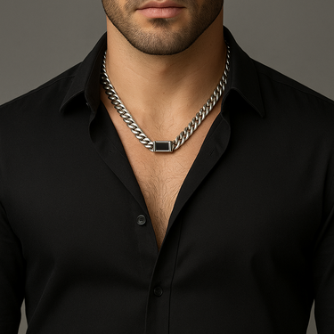 Cuban Link Chain Ironed 10 mm Wide Onyx Pendant - 999 Silver